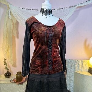Title: Marie Claire velvet lace-up top with sheer sleeves